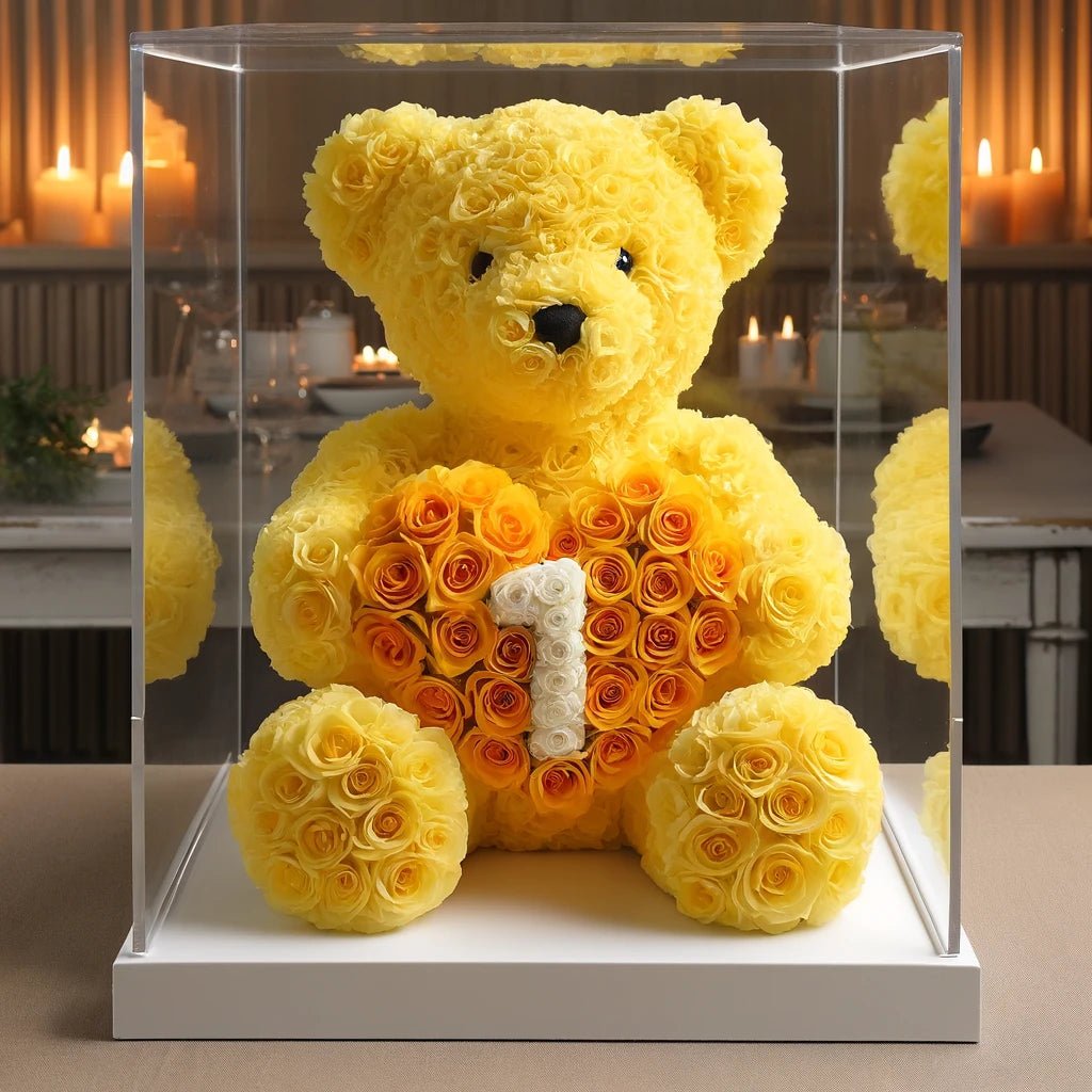 Custom Number Sunny Yellow Rose Bear with Orange Heart - Imaginary Worlds
