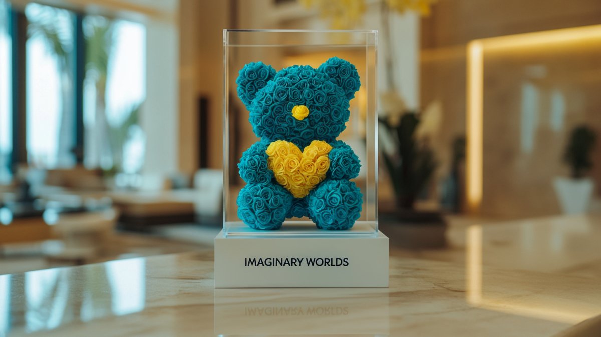 Teal Preserved Roses Bear with Heart - Imaginary Worlds