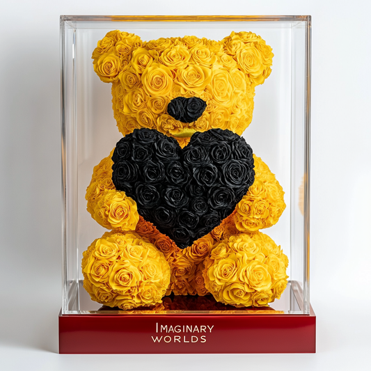 Oso rosa amarillo con corazón de rosas negras