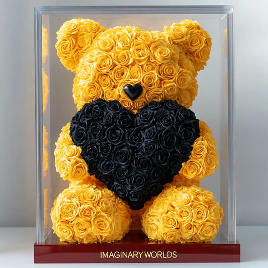 Oso rosa amarillo con corazón de rosas negras