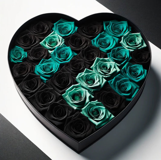 Aqua Nocturne Roses in Heart-Shaped Black Box - Imaginary Worlds