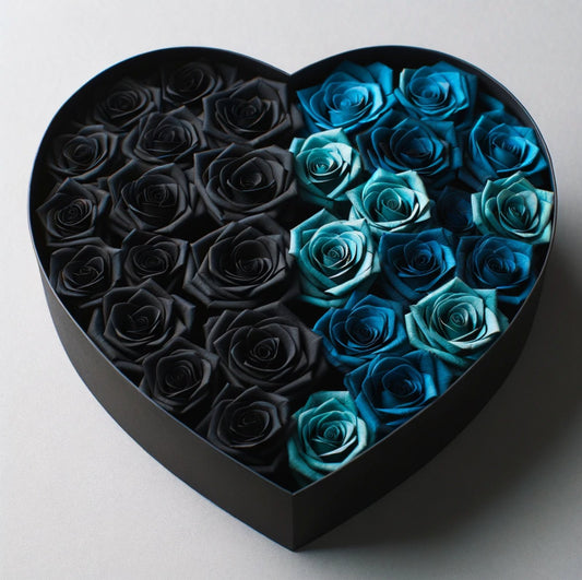 Azure Elegance Roses in Heart-Shaped Black Box - Imaginary Worlds