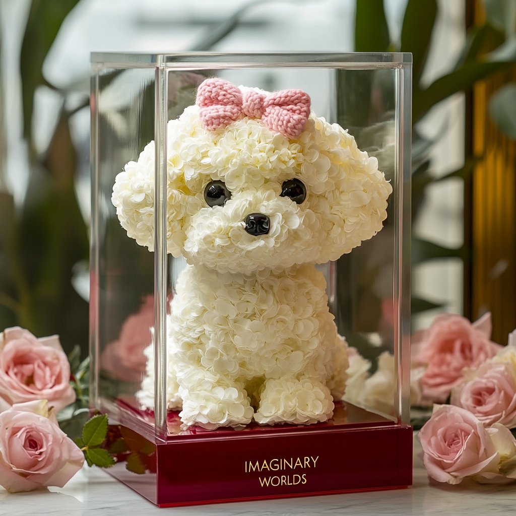 Bichon Frise Floral Art with Pink Bow - Imaginary Worlds