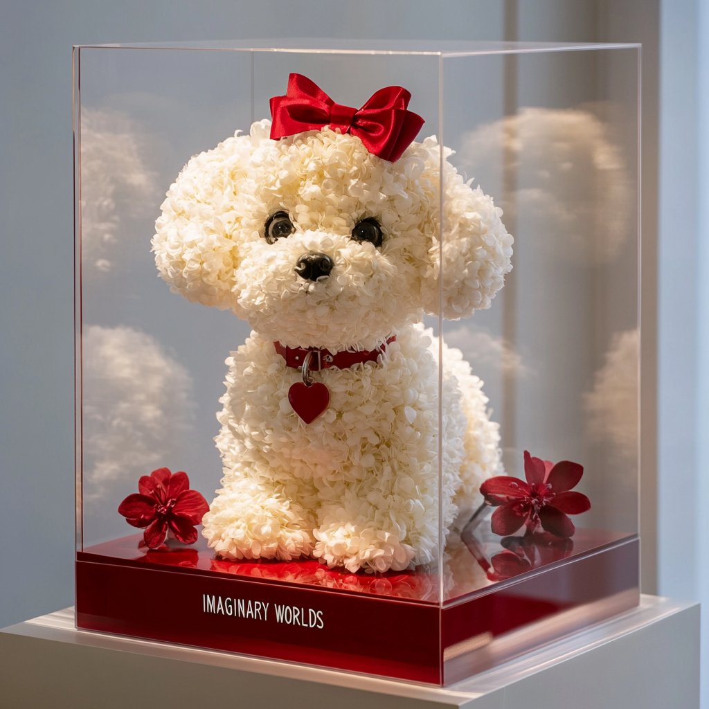 Bichon Frise Floral Art with Red Bow and Roses - Imaginary Worlds