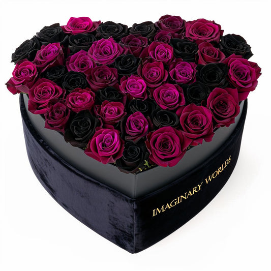 Black and Magenta Roses in Heart - Shaped Black Paper Box - Imaginary Worlds