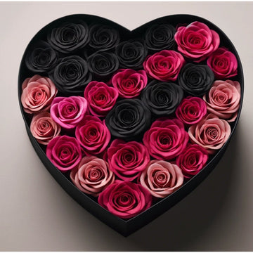 Black and Magenta Roses in Heart-Shaped Black Paper Box - Imaginary Worlds