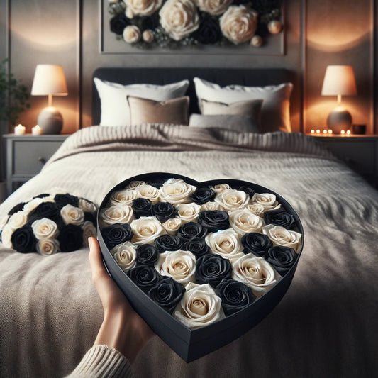Black and White Roses in Heart-Shaped Black Paper Box - Imaginary Worlds