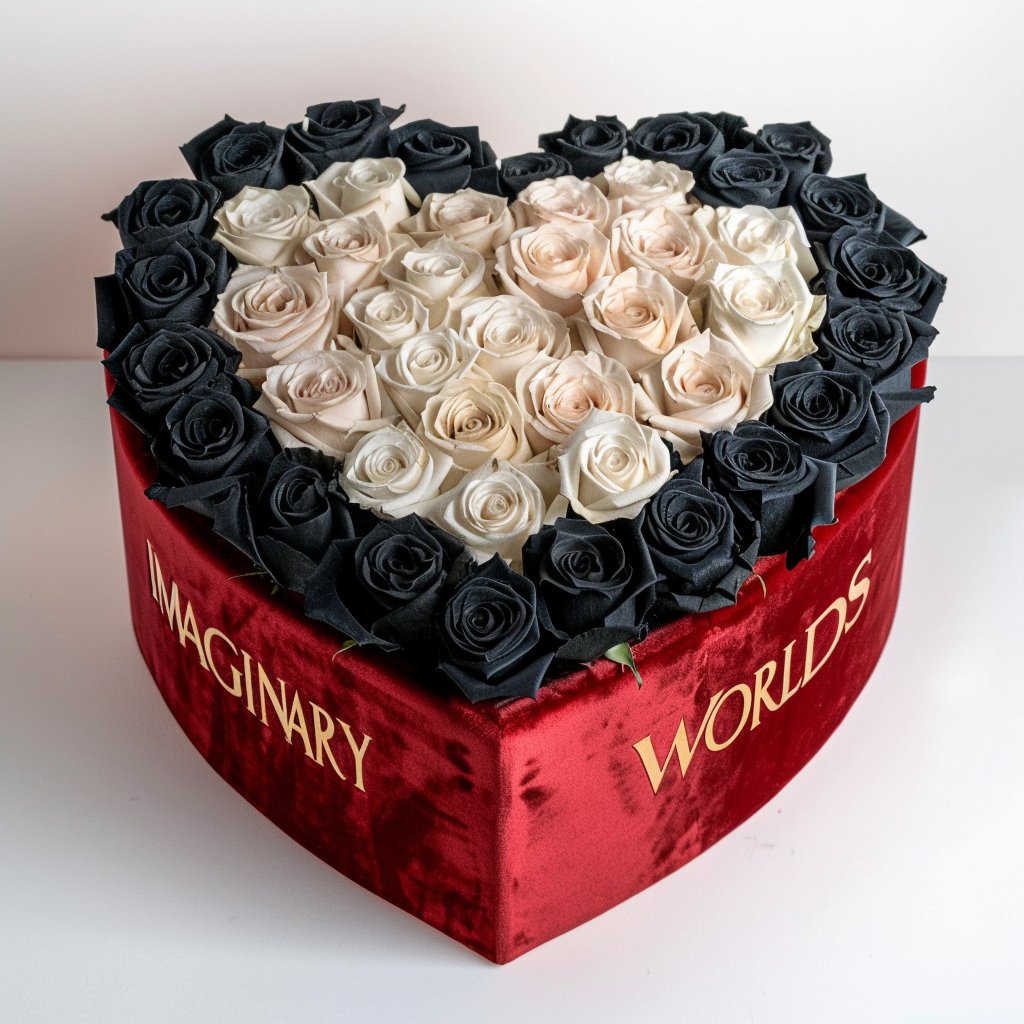 Black and White Roses in Heart - Shaped Box - Imaginary Worlds