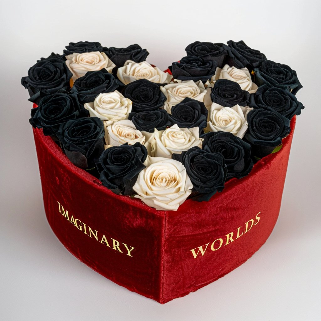 Black and White Roses in Heart - Shaped Box - Imaginary Worlds