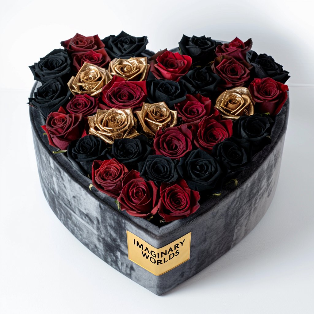 Black, Gold, and Red Roses in Heart - Shaped Grey Paper Box - Imaginary Worlds