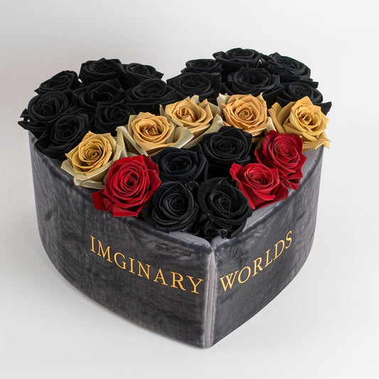 Black, Gold, and Red Roses in Heart - Shaped Grey Paper Box - Imaginary Worlds