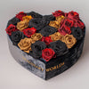 Black, Gold, and Red Roses in Heart - Shaped Grey Paper Box - Imaginary Worlds