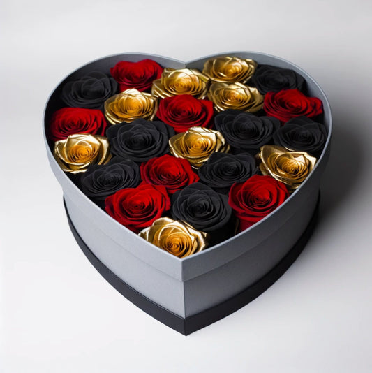Black, Gold, and Red Roses in Heart-Shaped Grey Paper Box - Imaginary Worlds