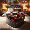 Black, Gold, and Red Roses in Heart-Shaped Grey Paper Box - Imaginary Worlds