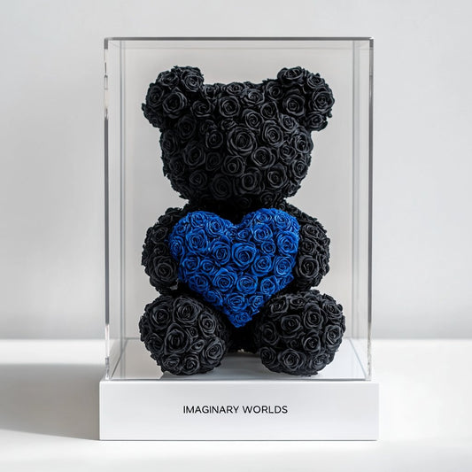 Black Rose Bear with Blue Roses Heart - Imaginary Worlds