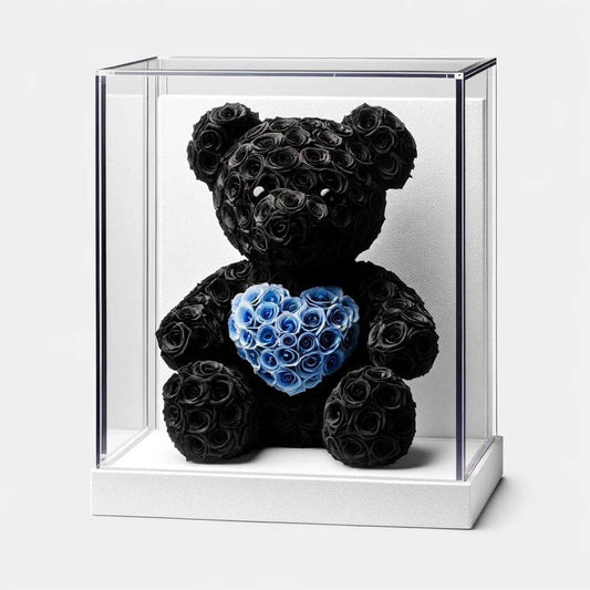 Black Rose Bear with Blue Roses Heart - Imaginary Worlds