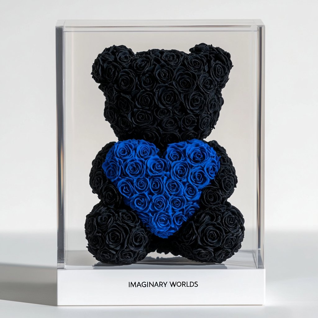 Black Rose Bear with Blue Roses Heart - Imaginary Worlds