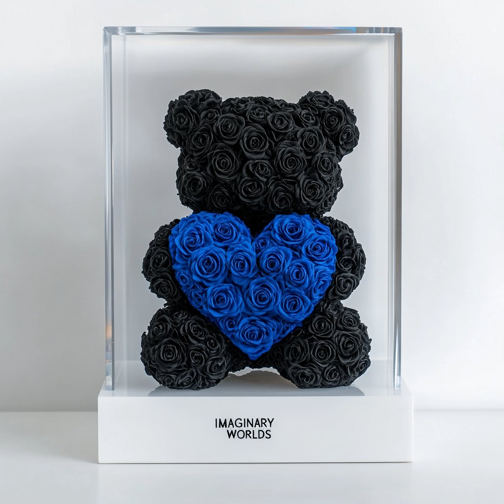 Black Rose Bear with Blue Roses Heart - Imaginary Worlds