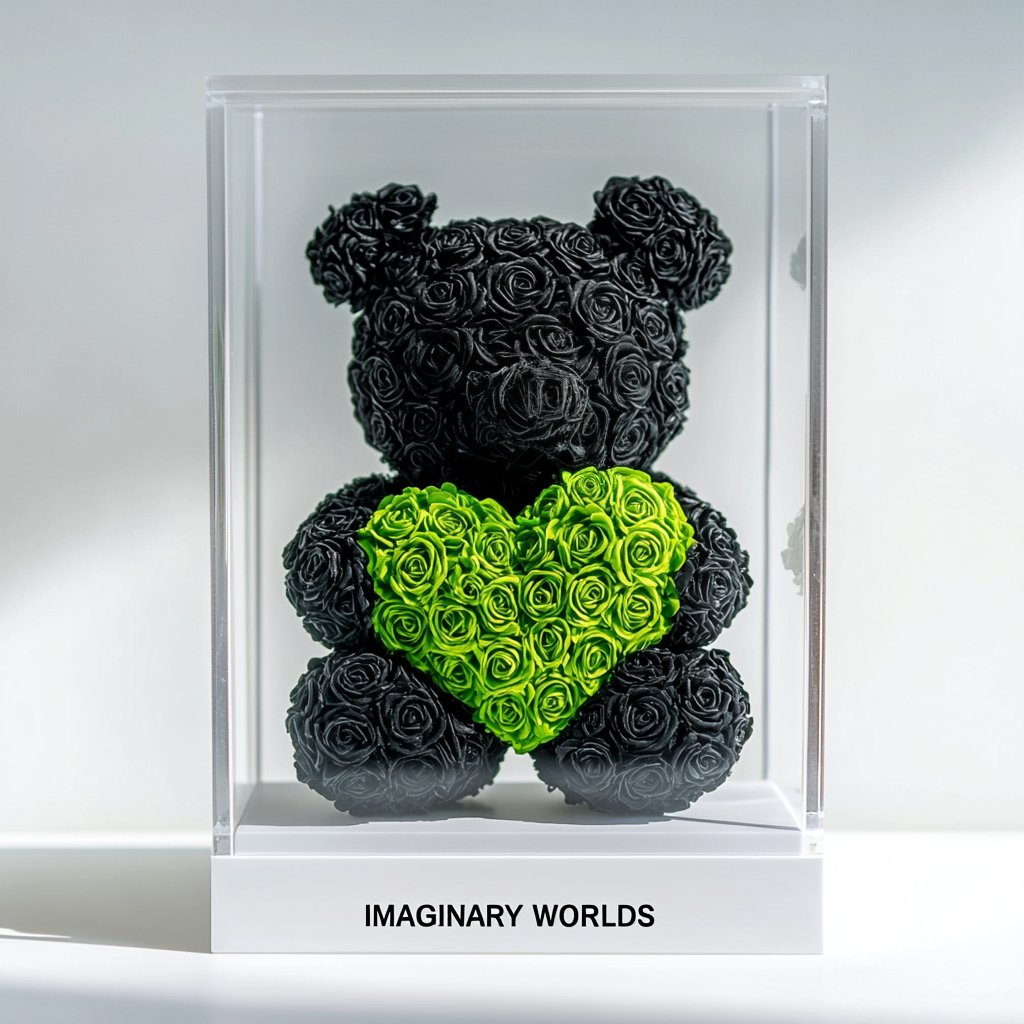 Black Rose Bear with Green Roses Heart - Imaginary Worlds