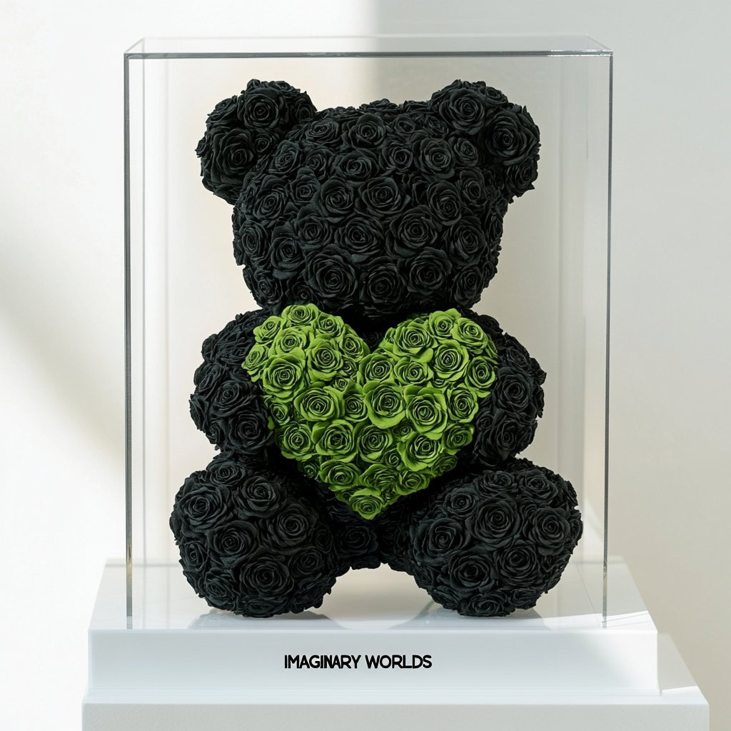 Black Rose Bear with Green Roses Heart - Imaginary Worlds