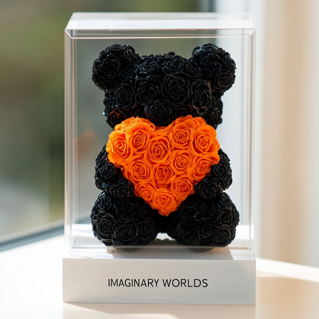 Black Rose Bear with Orange Roses Heart - Imaginary Worlds