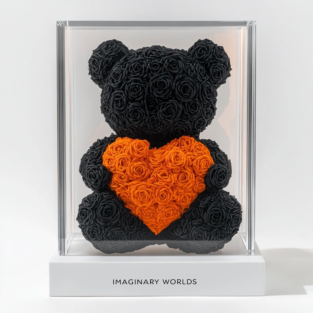 Black Rose Bear with Orange Roses Heart - Imaginary Worlds