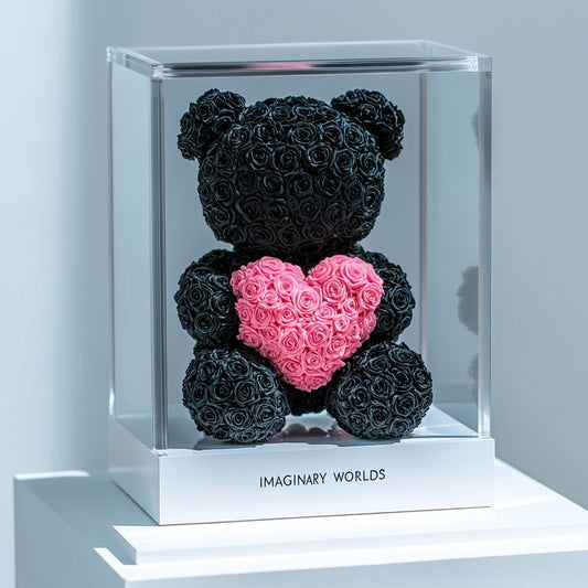 Black Rose Bear with Pink Roses Heart - Imaginary Worlds