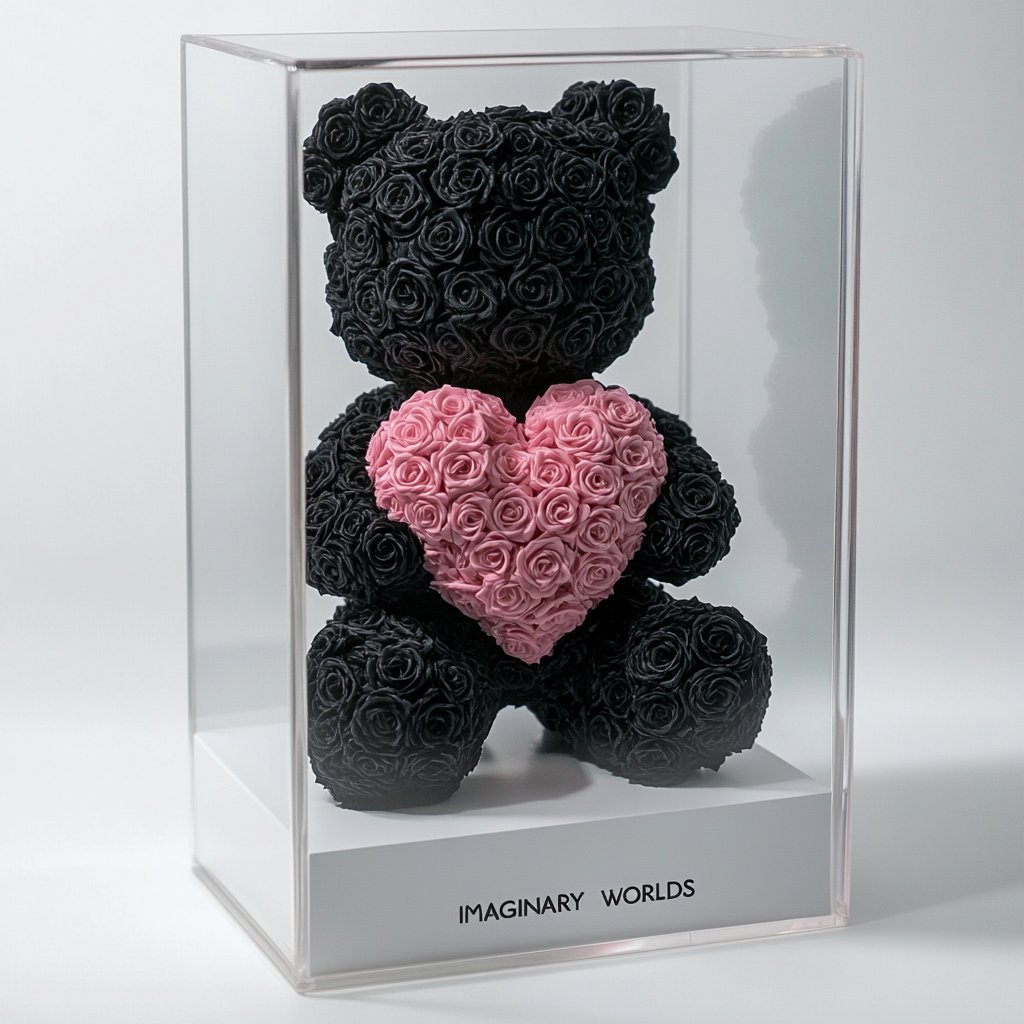 Black Rose Bear with Pink Roses Heart - Imaginary Worlds