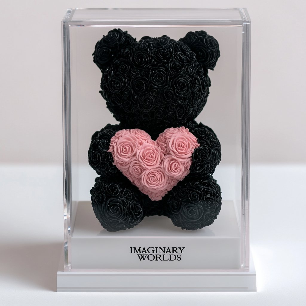 Black Rose Bear with Pink Roses Heart - Imaginary Worlds