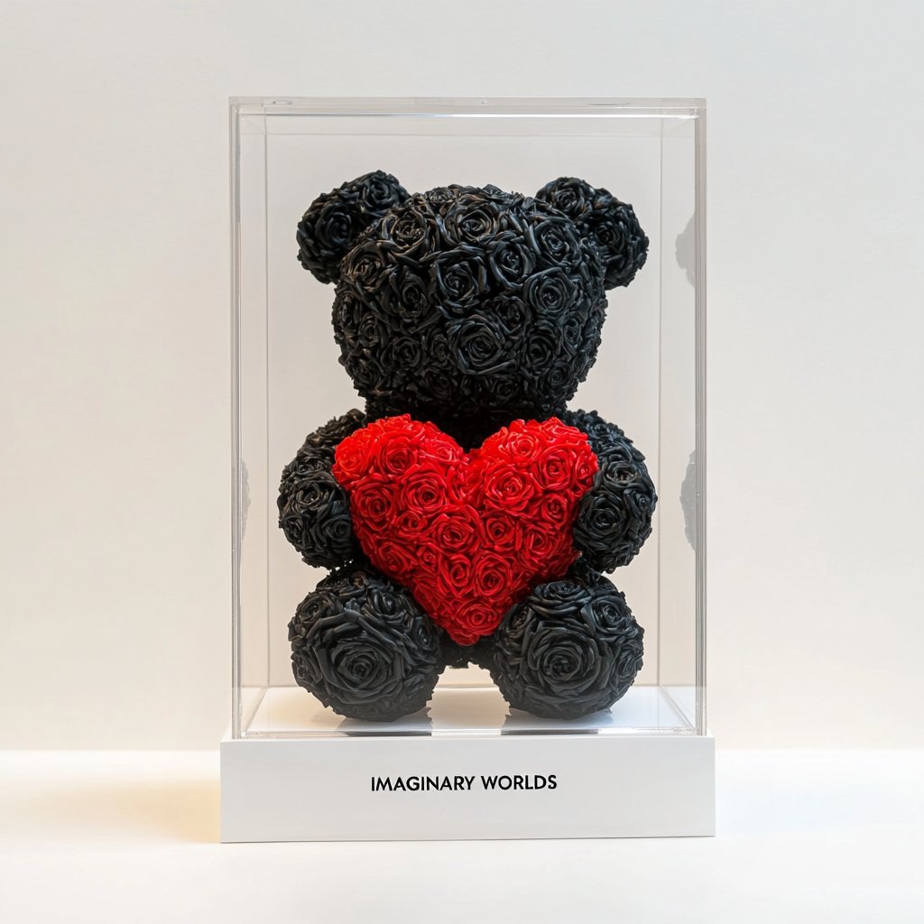 Black Rose Bear with Red Roses Heart - Imaginary Worlds