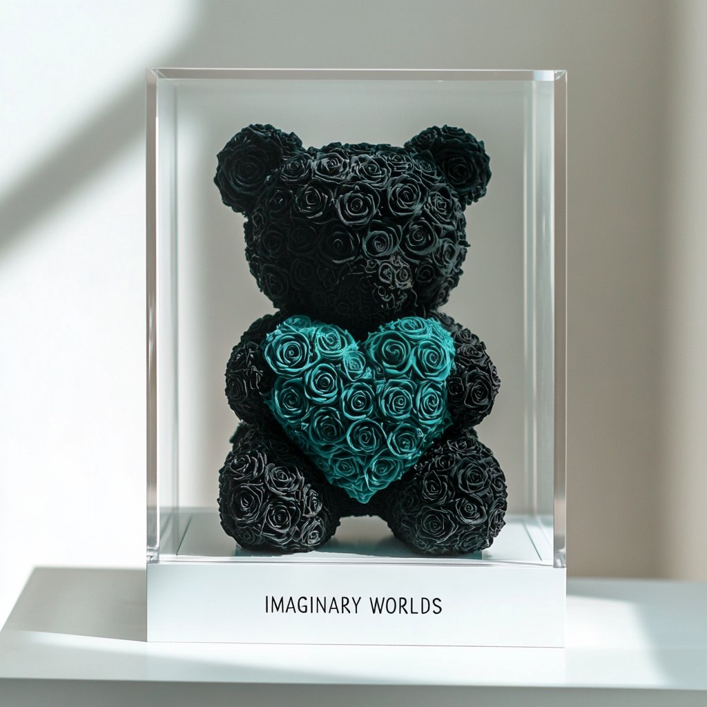 Black Rose Bear with Teal Roses Heart - Imaginary Worlds