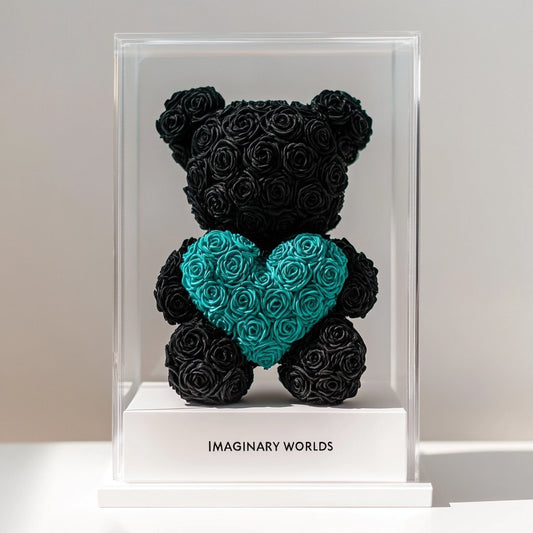 Black Rose Bear with Teal Roses Heart - Imaginary Worlds