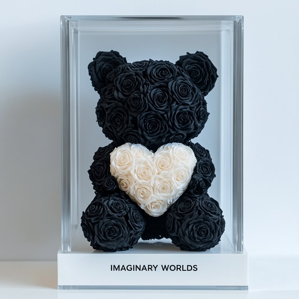 Black Rose Bear with White Roses Heart - Imaginary Worlds