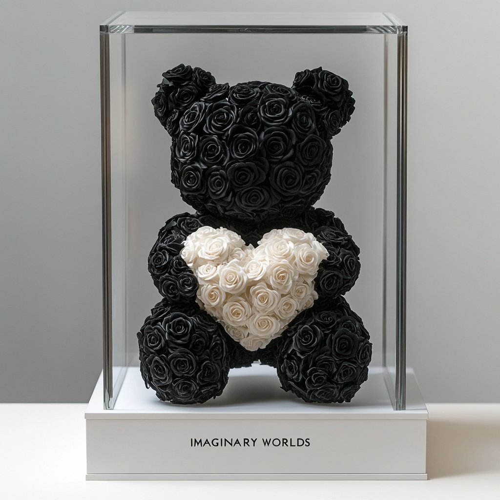 Black Rose Bear with White Roses Heart - Imaginary Worlds