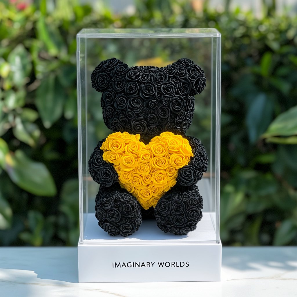 Black Rose Bear with Yellow Roses Heart - Imaginary Worlds