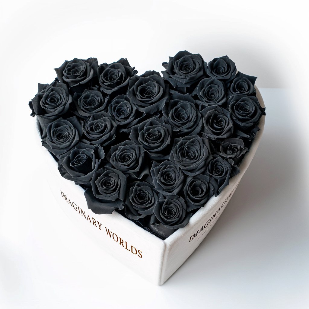 Black Roses in Heart - Shaped White Box - Imaginary Worlds