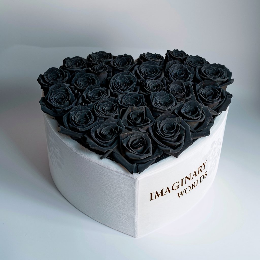 Black Roses in Heart - Shaped White Box - Imaginary Worlds