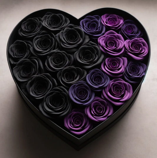 Black, Royal Purple, and Purple Roses in Heart-Shaped Black Paper Box - Imaginary Worlds