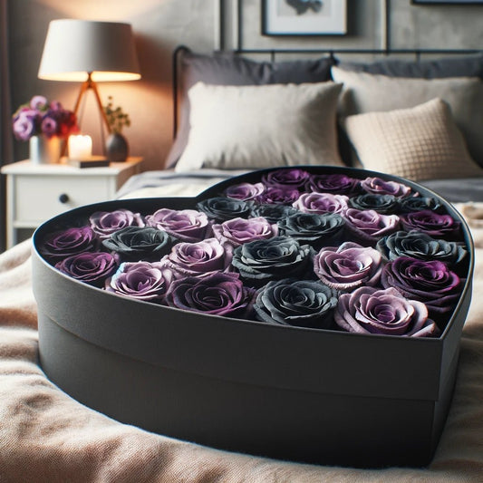 Black, Royal Purple, Purple, and Lavender Roses in Heart-Shaped Grey Paper Box - Imaginary Worlds