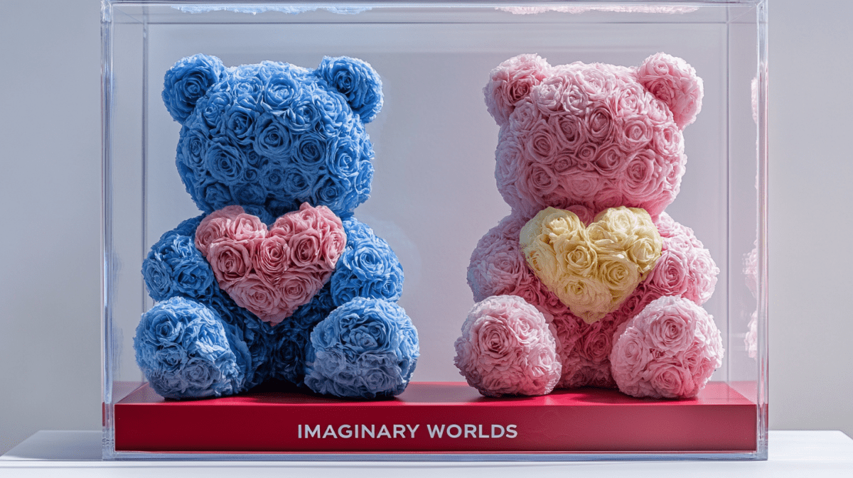 Blue and Pink Rose Bear Set with Pink and Yellow Hearts - Imaginary Worlds