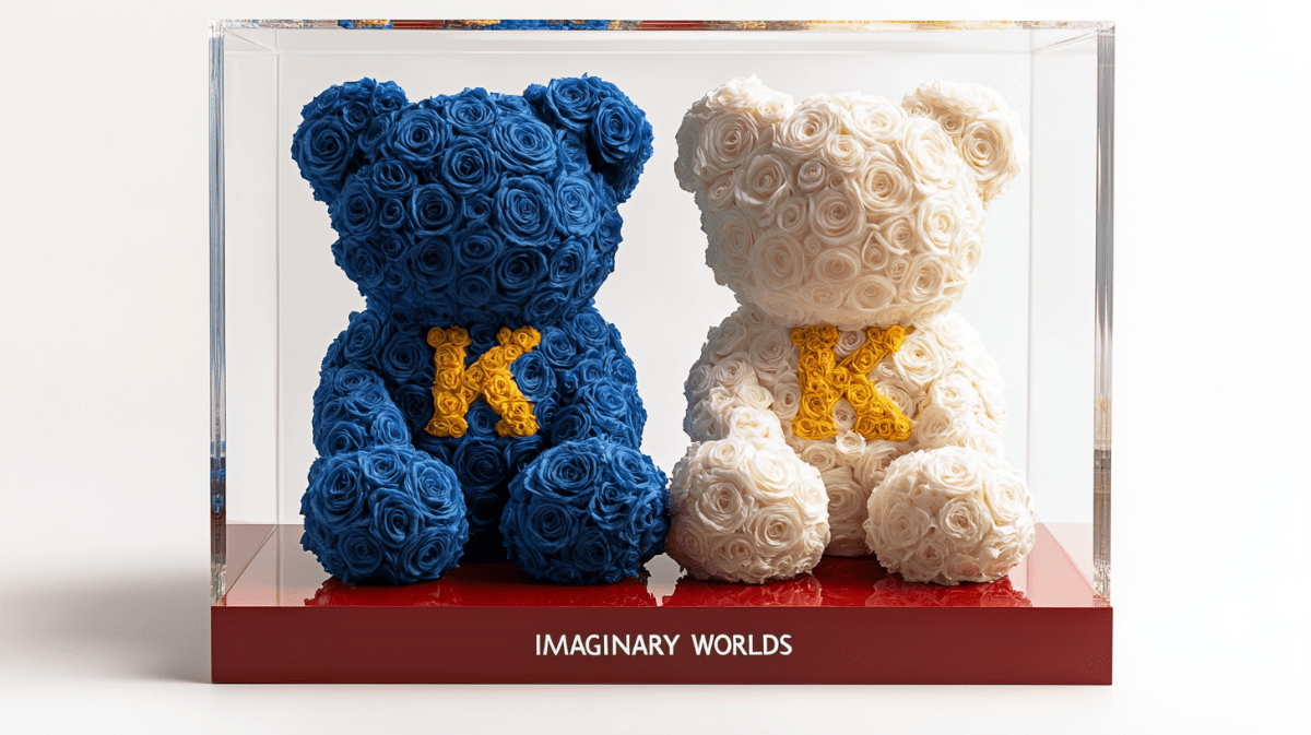Blue and White Rose Bear Set with Yellow Letter Accents - Imaginary Worlds