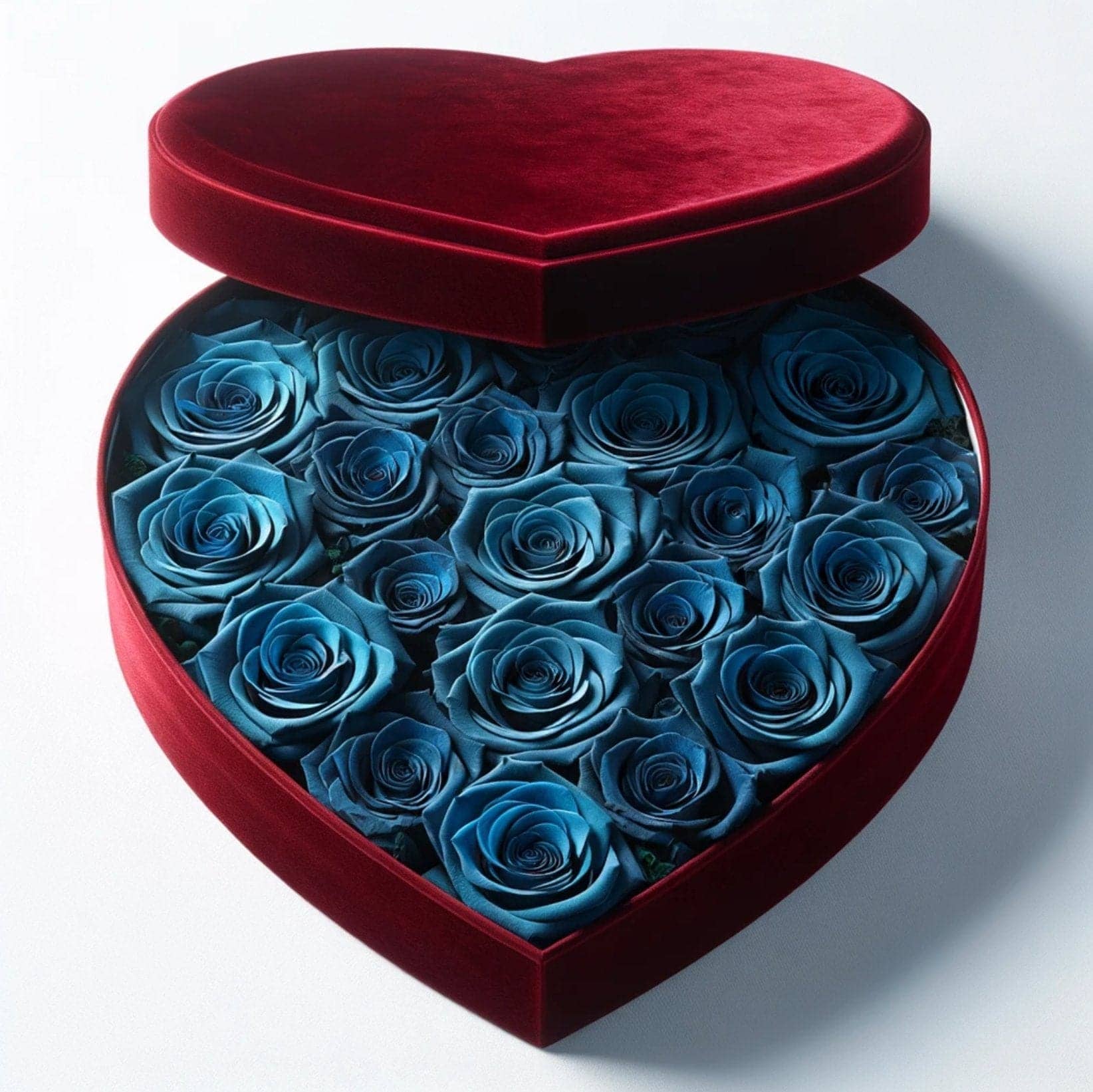 Blue Roses in Heart-Shaped Velvet Box - Imaginary Worlds