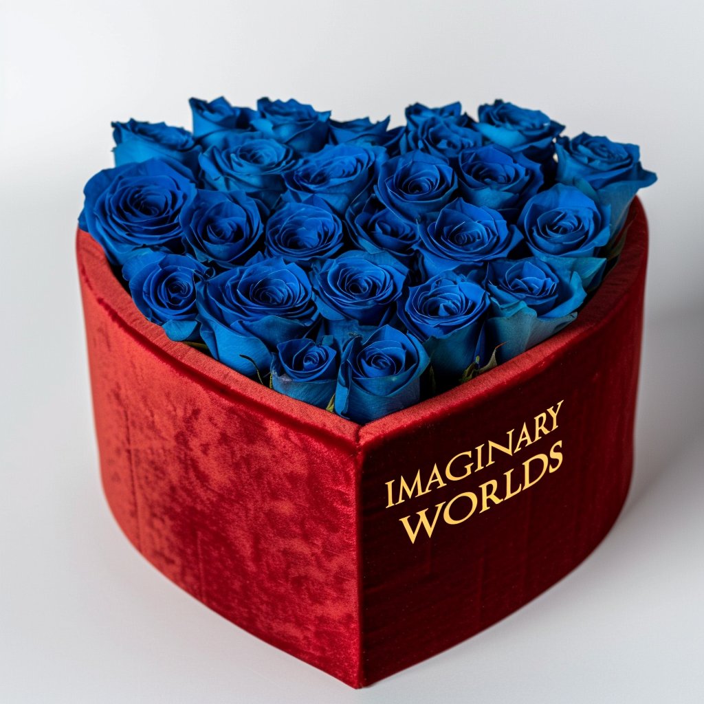 Blue Roses in Heart - Shaped Velvet Box - Imaginary Worlds