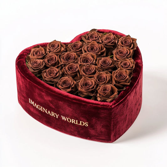 Brown Forever Roses in Heart - Shaped Velvet Box - Imaginary Worlds