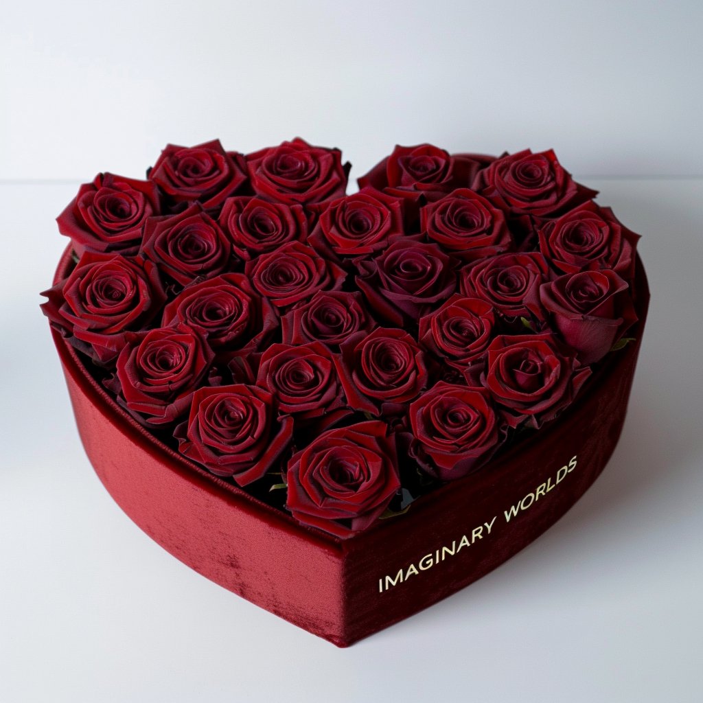 Burgundy Roses in Heart - Shaped Velvet Box - Imaginary Worlds