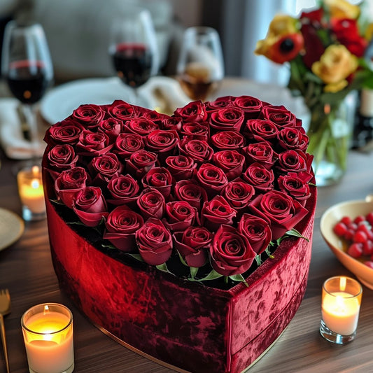 Burgundy Roses in Heart-Shaped Velvet Box - Imaginary Worlds