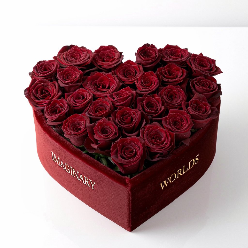 Burgundy Roses in Heart - Shaped Velvet Box - Imaginary Worlds