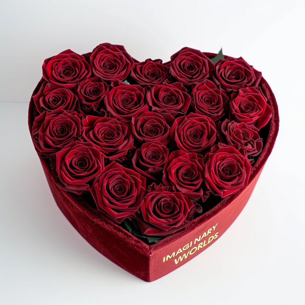 Burgundy Roses in Heart - Shaped Velvet Box - Imaginary Worlds