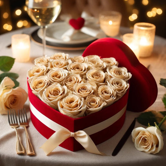 Champagne Forever Roses in Heart-Shaped Velvet Box - Imaginary Worlds