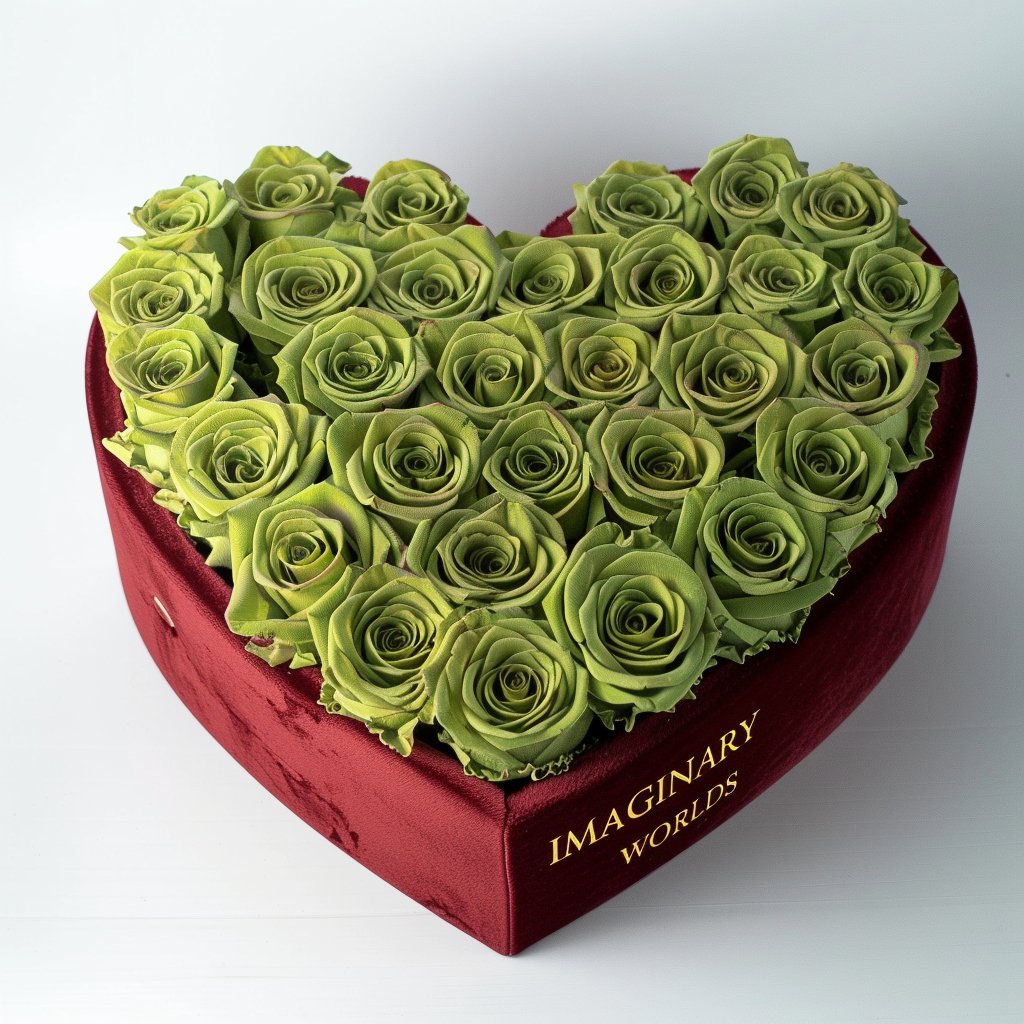 Chartreuse Forever Roses in Heart - Shaped Velvet Box - Imaginary Worlds